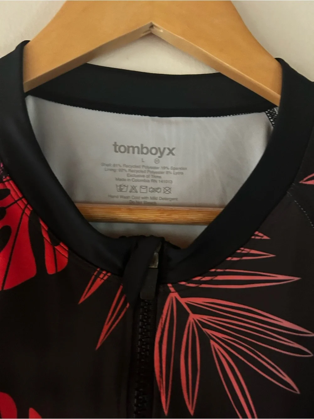 Women’s Non Binary Tomboy X Tropical Print Swim Set - Black with Red Pink Leaves